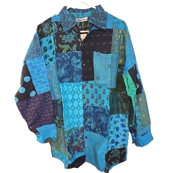 Turquoise Patchwork Unisex Boho Vintage Style Shirt button up front size XL New - Picture 1 of 16